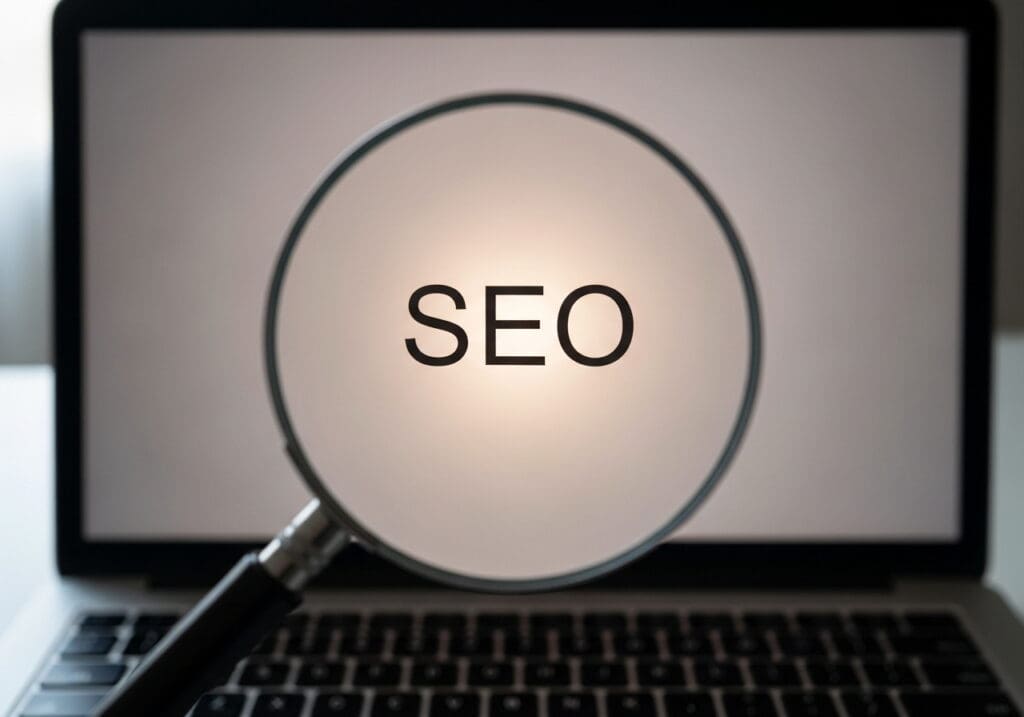 Magnifying glass over SEO text