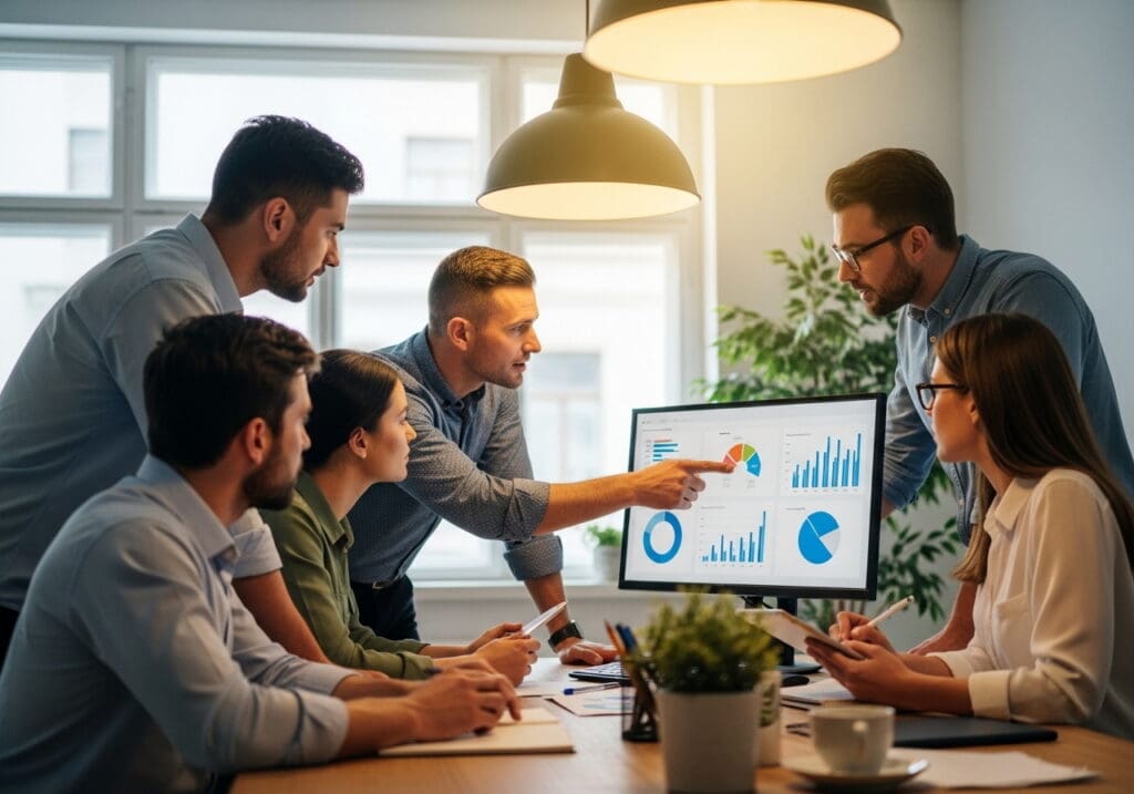 Team analyzing data on computer screen.