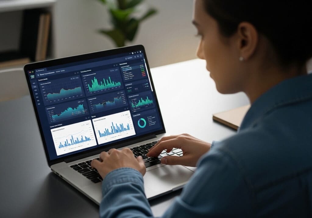 Person analyzing data on laptop
