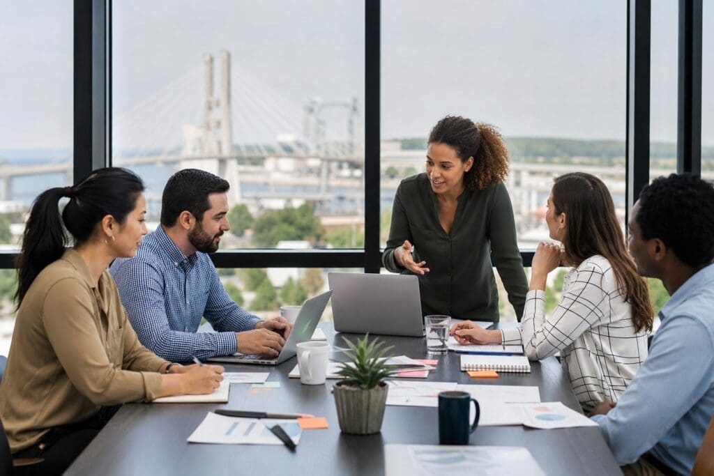 Diverse marketing team collaborating in a high-rise office overlooking the Tacoma Narrows Bridge.